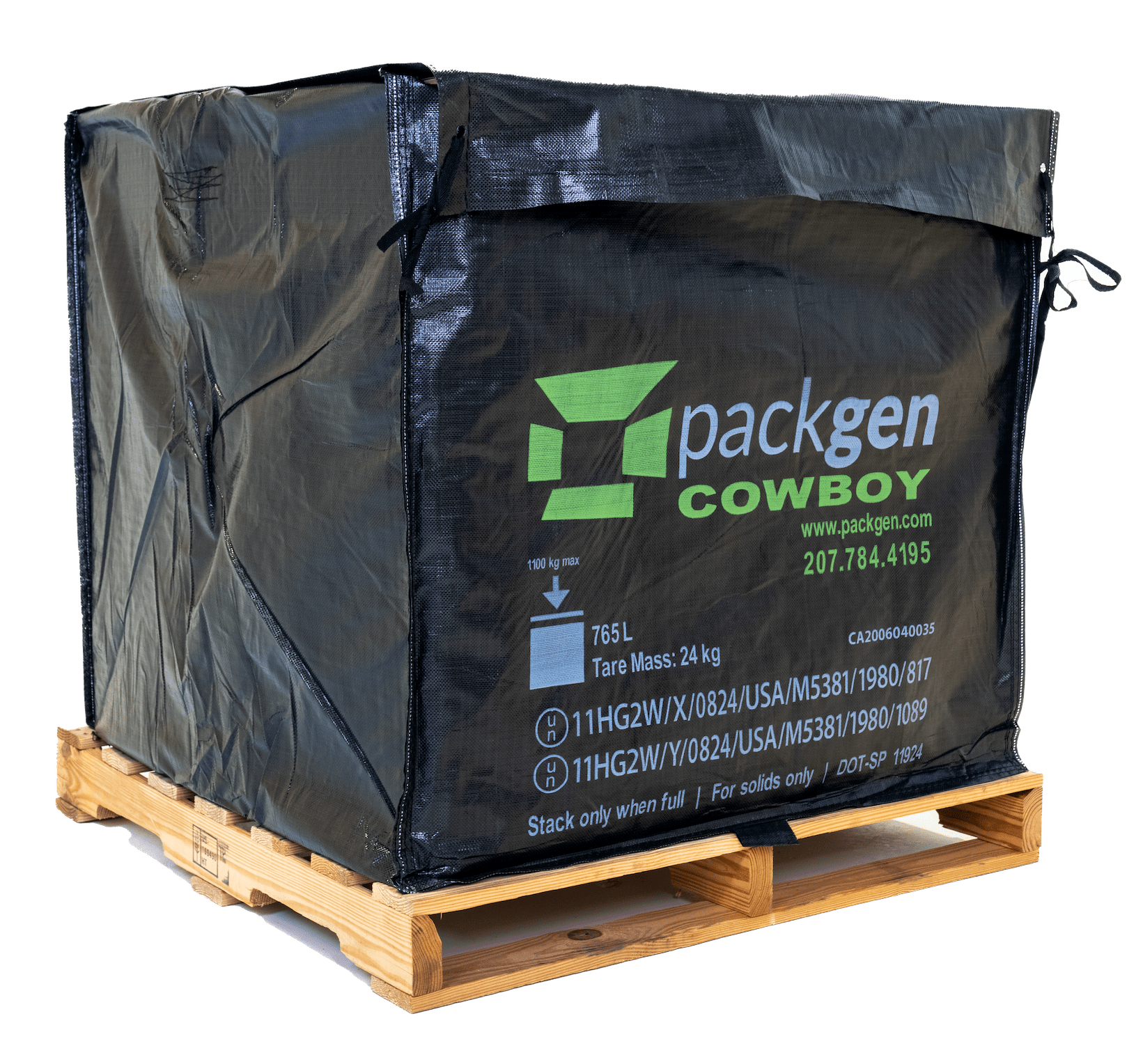 PackGen Cowboy collapsible bulk container on pallet for hazardous material storage and environmental services use