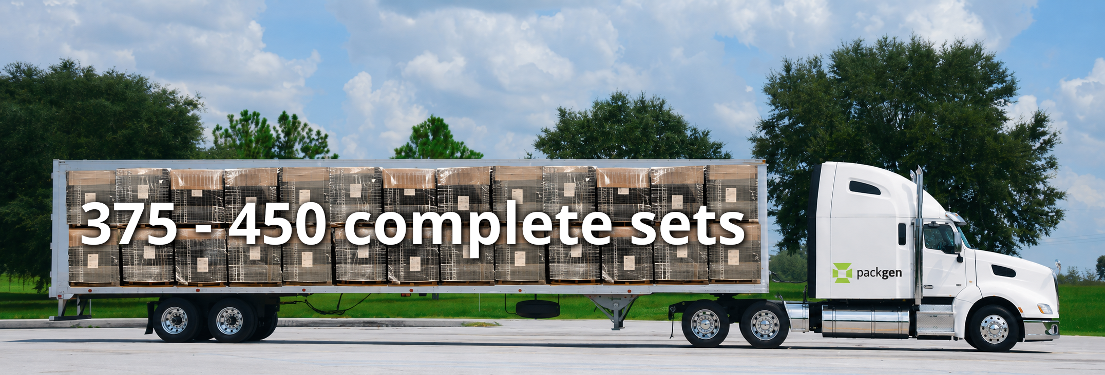 PackGen semi-truck transporting 375–450 complete LP Liquid Tote sets on a flatbed trailer