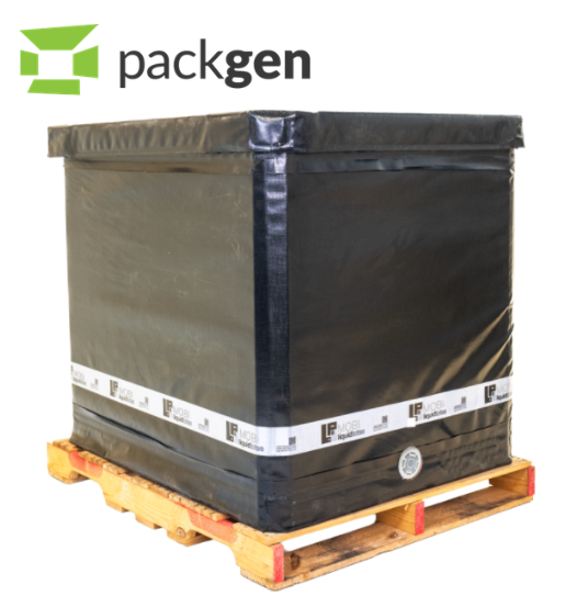 PackGen MOBI 275G LP Liquid Tote on wooden pallet for bulk liquid transportation and freight-efficient shipping
